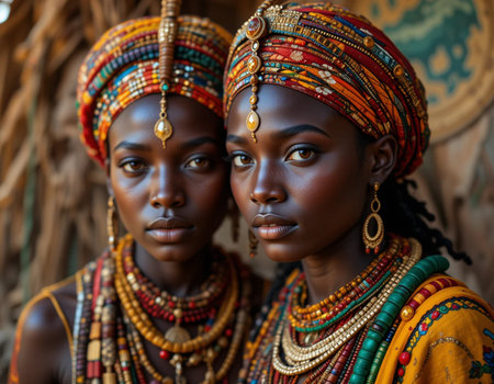 Portrait of two African women in traditional clothes and jewelry.の素材