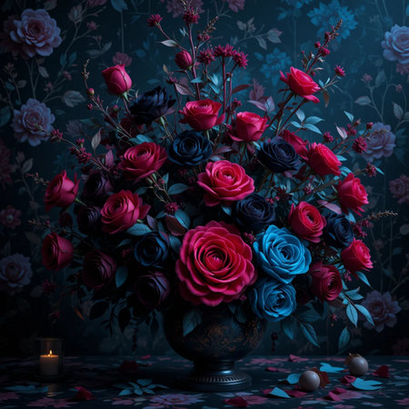 Bouquet of roses in a vase on a dark backgroundの素材