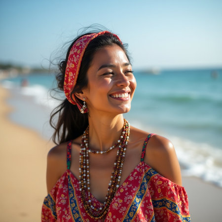 Portrait of a beautiful young Asian woman smiling on the beachの素材