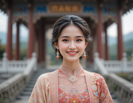 Portrait of a beautiful Asian woman wearing traditional thai dressの素材
