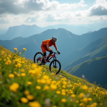 Cyclist Riding the Mountain Bike on the Bright Yellow Flowers Meadowの素材