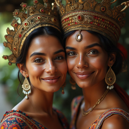 Portrait of two young beautiful Indian women in traditional Indian clothingの素材