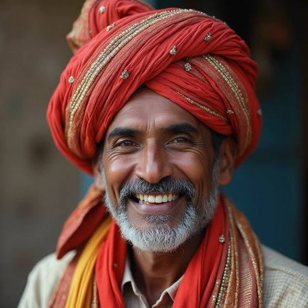 Portrait of a happy Indian man with red turban and beardの素材