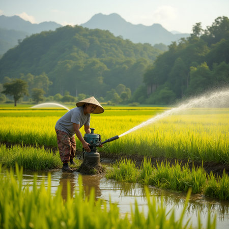Farmer is watering the rice in the paddy field, Thailandの素材