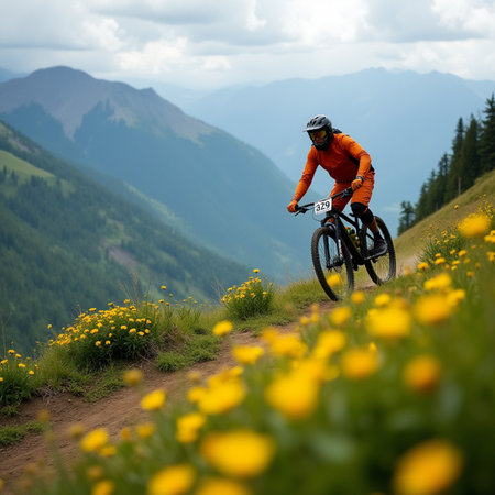 Mountain bike cyclist in bright orange jersey riding on steep trails with yellow flowersの素材