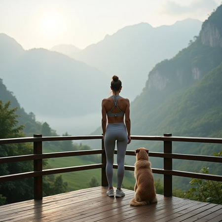 Back view of young woman in sportswear with golden retriever dog standing on terrace and looking at sunsetの素材