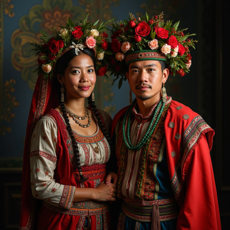 Portrait of a beautiful Asian couple in traditional costume with flowers.の素材