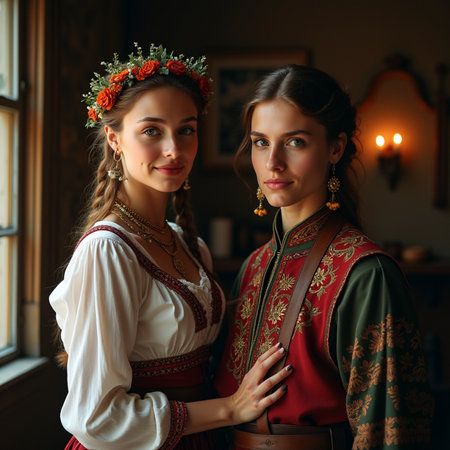 Portrait of two beautiful young women in traditional Ukrainian clothes.の素材
