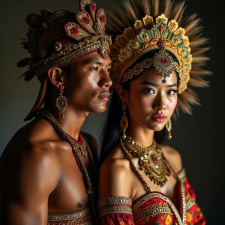 Portrait of a beautiful Asian woman and man in traditional costumeの素材