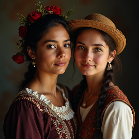Portrait of two beautiful women in national dress and hat, studio shotの素材