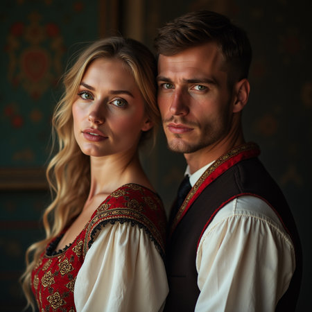 Portrait of a beautiful young couple in medieval clothes. Retro style.の素材