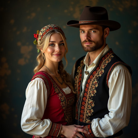 Beautiful young couple in traditional Ukrainian clothes on dark backgroundの素材