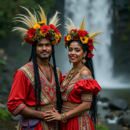 Portrait of a beautiful Indian couple in traditional costume at the waterfallの素材