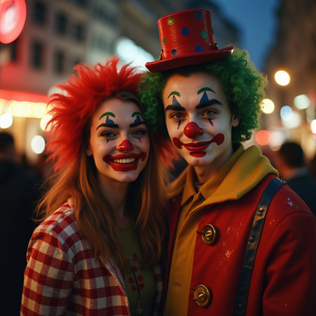 Two girls with clown make-up on the street at night.の素材