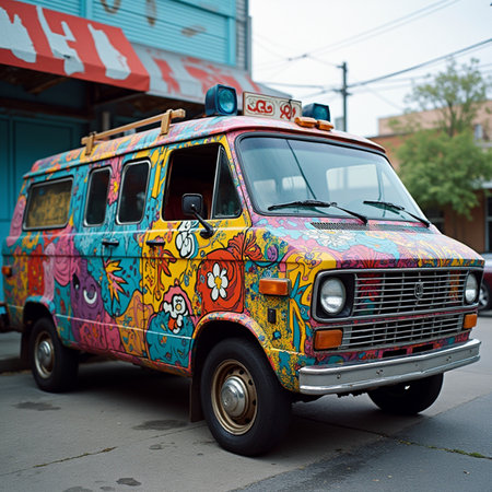A vintage van on the streets of New York City.の素材