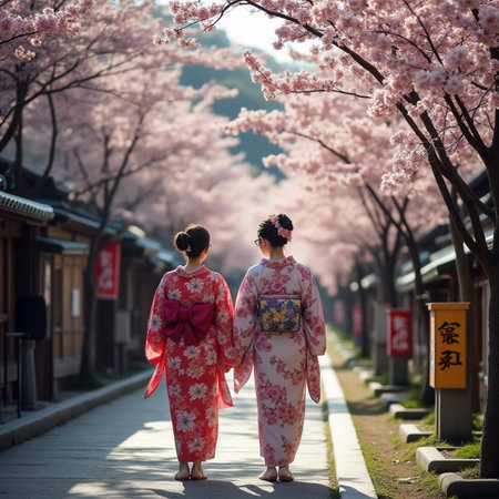 Two girls in kimono walking with cherry blossom sakura treesの素材