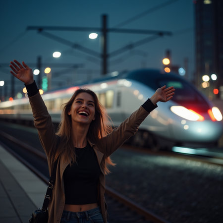 Happy young woman on the platform of a railway station at night.の素材