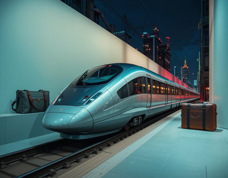 Modern high speed train in Hong Kong railway station at night, China.の素材