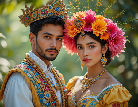 Portrait of beautiful Asian couple in traditional costume with flowers in their hair.の素材