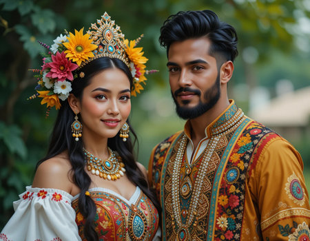 Portrait of a beautiful Asian bride and groom in traditional costumeの素材