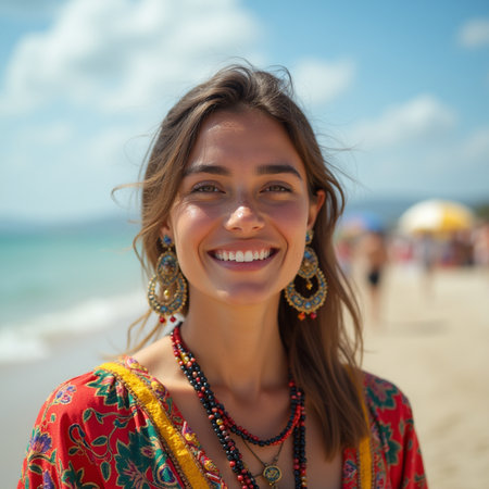 Portrait of a beautiful young woman on the beach in the summerの素材