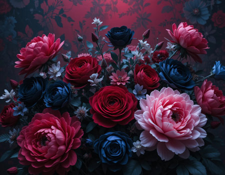 Beautiful bouquet of roses on a dark background. Toned.の素材