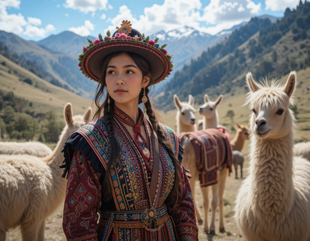 Beautiful young woman in traditional Mongolian clothes with alpacas in the mountainsの素材