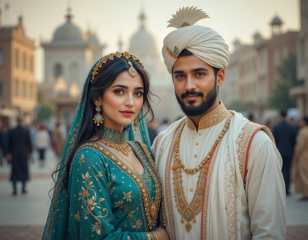Young Indian couple in traditional clothes on the streets of the cityの素材