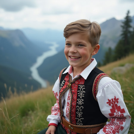 Portrait of a smiling little boy in a traditional Ukrainian costume sitting on the top of a mountainの素材