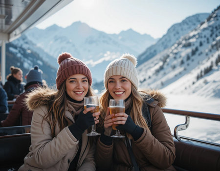 Two happy young women drinking champagne and looking at camera in winter mountainsの素材