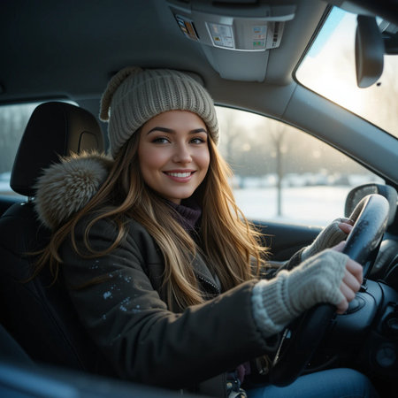 Beautiful young woman driving a car on a cold winter day.の素材