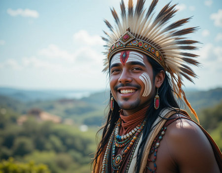 Portrait of an Indian man in traditional costume at the mountainの素材