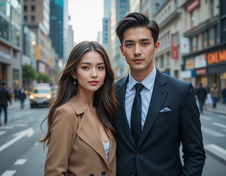Beautiful Asian couple in the city. Businessman and businesswomanの素材