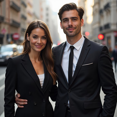 portrait of a young business couple walking on the street in the cityの素材