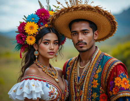 Portrait of a young couple in traditional clothes on the countryside.の素材