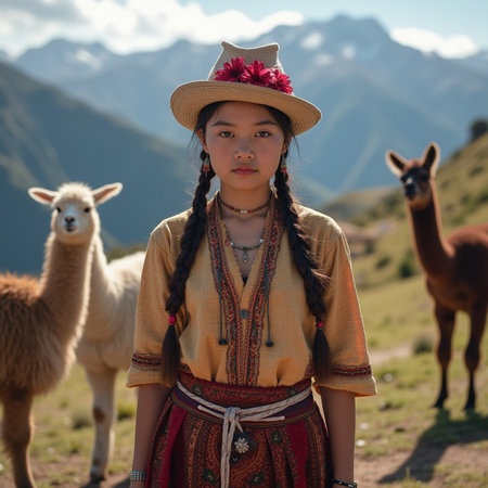 Young girl with alpaca in the Altiplano, Boliviaの素材