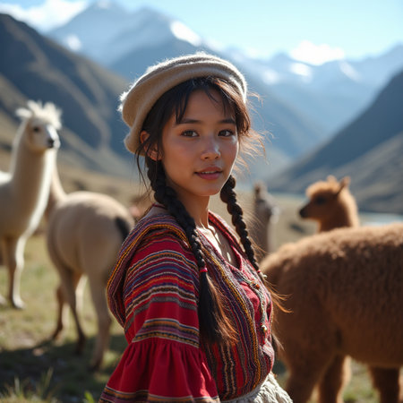Beautiful asian woman with alpaca and mountain background.の素材