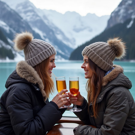 Two happy young women with glasses of beer on the background of mountainsの素材