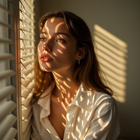 portrait of young beautiful woman with blinds on window at homeの素材