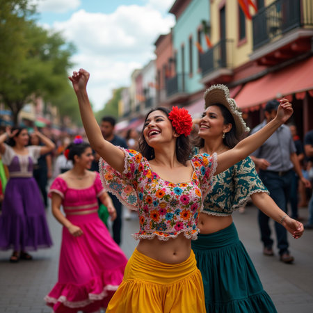 Unidentified Thai dancers are dancing in the street of Chiang Mai, Thailand.の素材