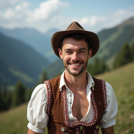 Handsome young man in traditional bavarian clothes posing outdoorsの素材