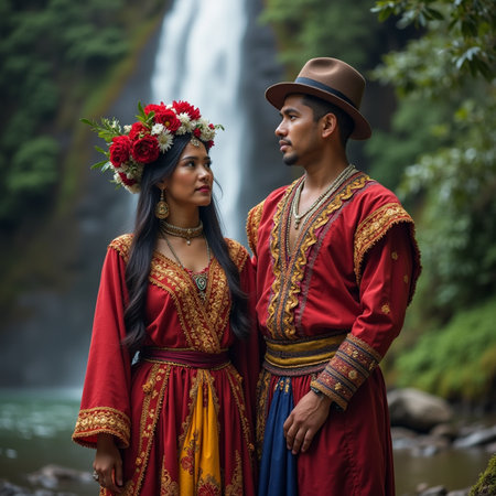 Young couple in traditional clothes at the waterfall in Bali, Indonesiaの素材