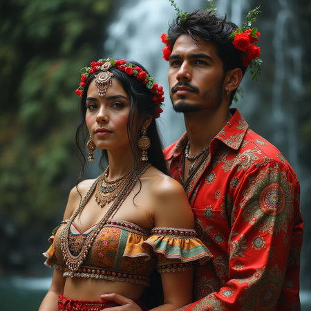 Couple in traditional Indian costume with flowers on their heads at the waterfallの素材
