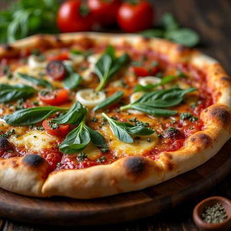Pizza Margherita with mozzarella, tomatoes and basil on wooden backgroundの素材