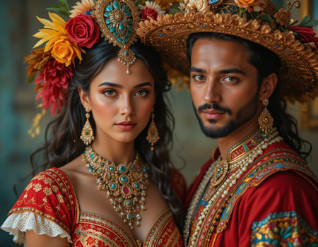 Portrait of a young couple in Mexican sombreroの素材