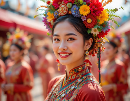 Participants in the annual Chiang Mai Flower Festival in Chiang Mai, Thailand.の素材