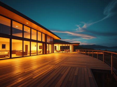 Sunset view of modern villa with wooden floor and terraceの素材