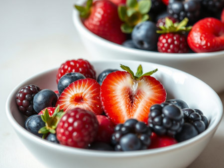 Mix of fresh berries in a bowl on a white wooden background.の素材