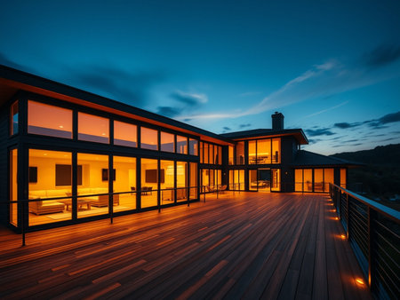 Modern villa with wooden floor and terrace at twilight time.の素材