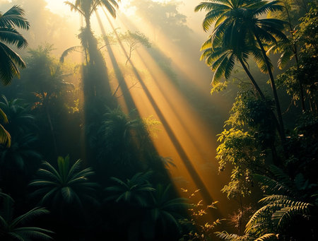 Sun rays shining through the palm trees in a tropical rainforest.の素材